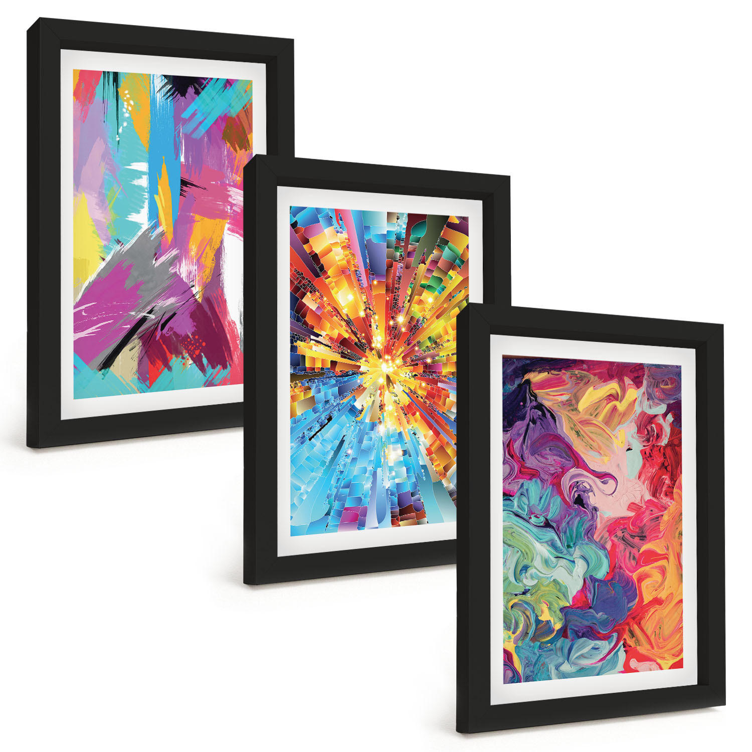 BILDER SET 3er Set - 20x30 cm Schwarzer Rahmen - Bunte abstrakte Farbmuster - Schwarz, Kunststoff (20/30cm) - TULUP