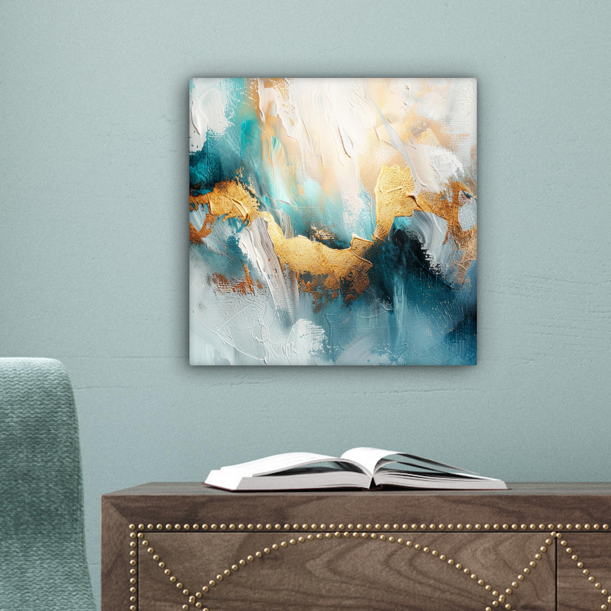 LEINWANDBILD Abstrakt - Kunst - Gold - Blau 20x20 cm - Petrol, Textil (20/20cm) - MuchoWow