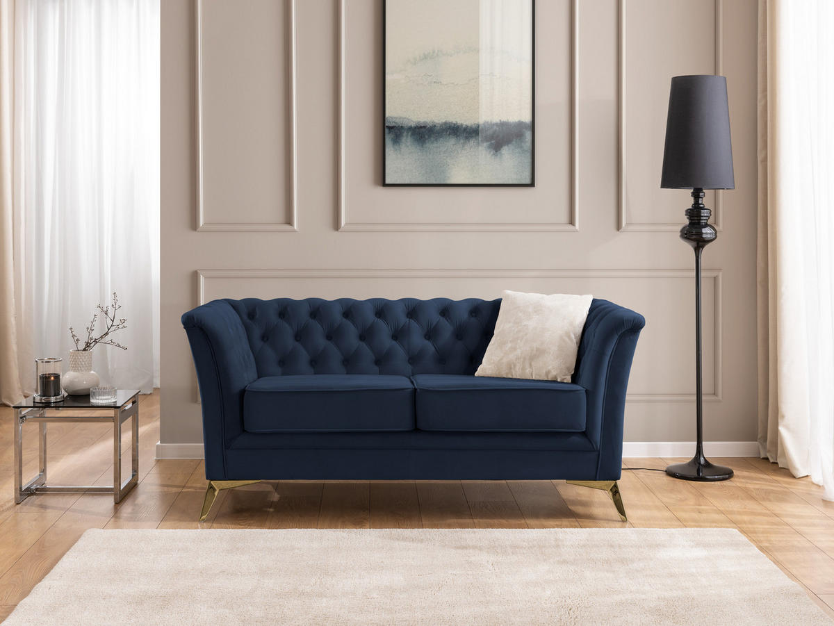 SITZGARNITUR 3+2+1 Chesterfield Whitby Marineblau Samt mit goldenen Füßen - Blau/Goldfarben, Holz/Textil (237/78/82cm) - S-Style Möbel