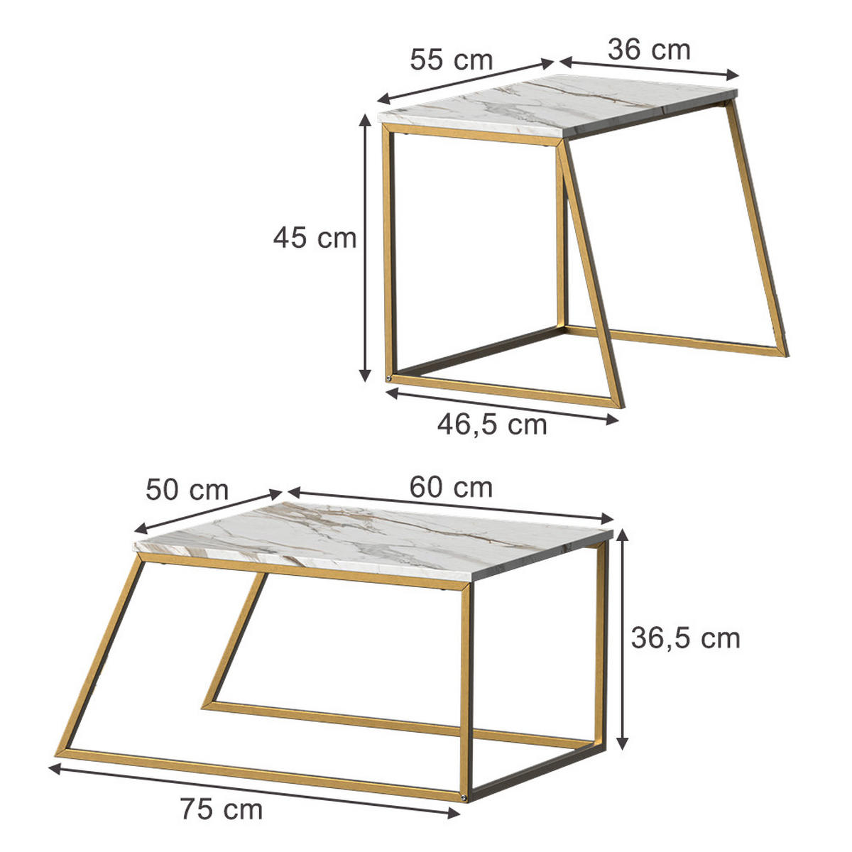 COUCHTISCH-SET Myra Marmor-Weiß/Gold 60 x 50 cm 2 Teile - Weiß Hochglanz/Goldfarben, Holzwerkstoff (50/60/38cm) - Vicco
