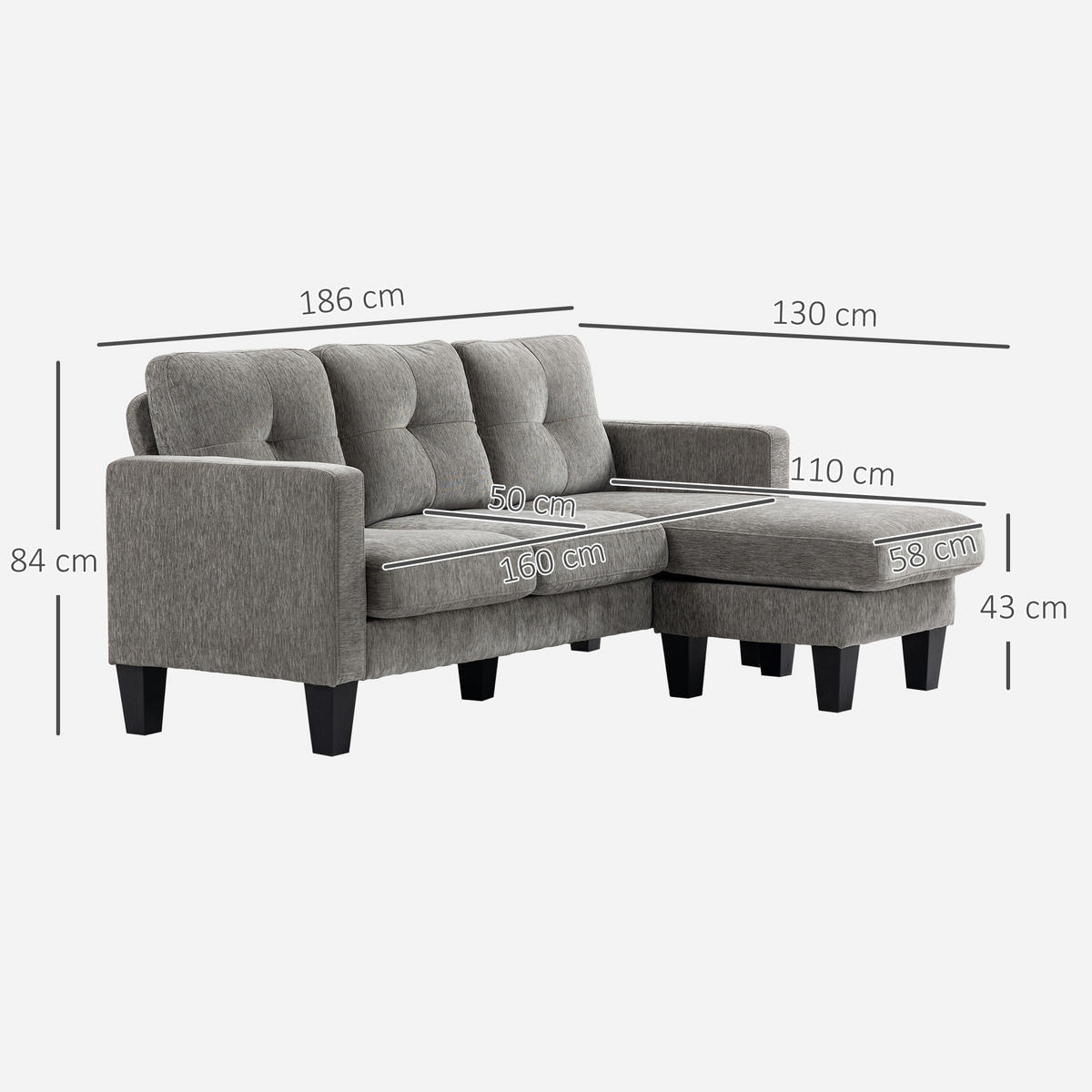 ECKSOFA, Eck-Couch mit umkehrbarer Chaiselongue, Chenille-Optik, Braun - Braun, Textil (130/186cm) - HOMCOM