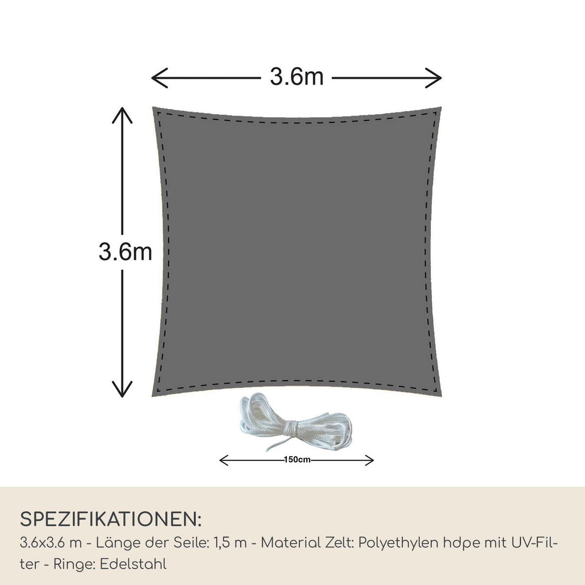 SONNENSEGEL Grau 360/360/1 cm - Grau, Kunststoff (360/360cm) - Mobili Rebecca