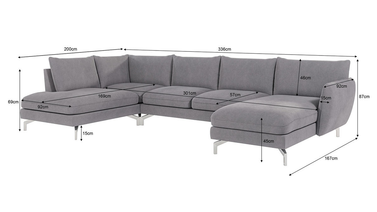 WOHNLANDSCHAFT Elou Grau Luxusmicrofaser - Chromfarben/Grau, Textil/Metall (336/87/200cm) - S-Style Möbel
