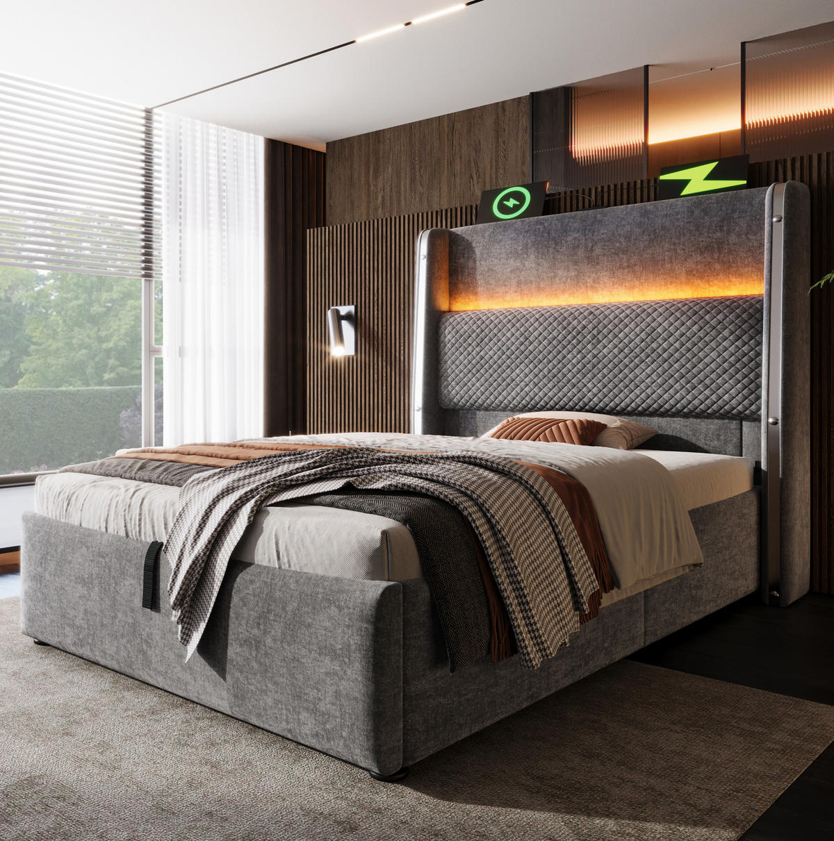 POLSTERBETT 90/200 cm Grau mit Stauraum, LED und USB- und Type-C-Anschlüssen - Grau, Textil (90/200cm) - Flora Grace