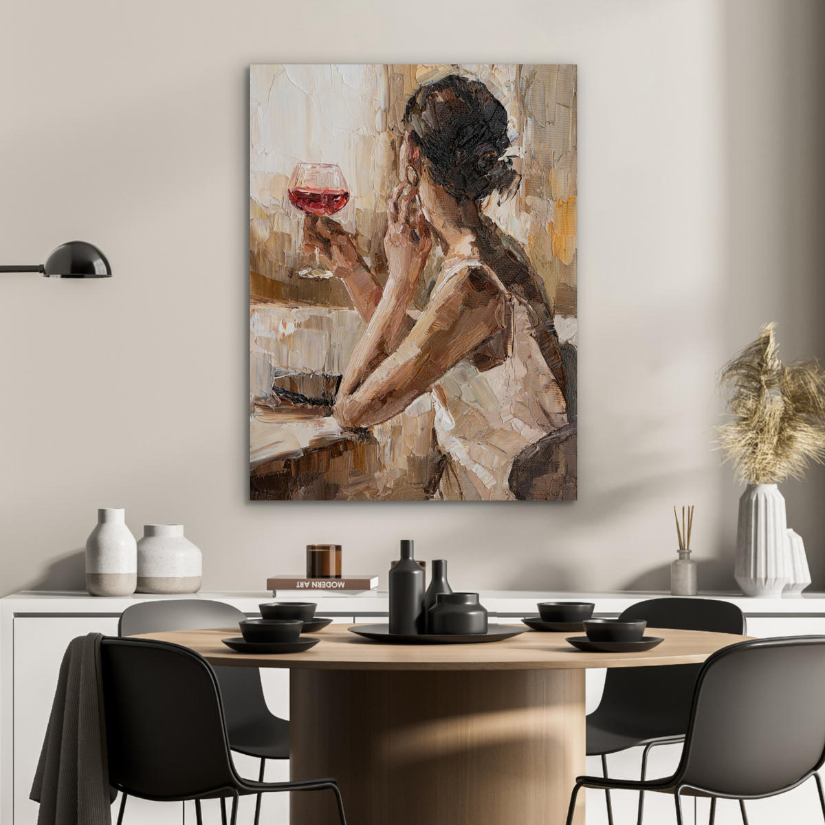 KOVOVÝ OBRAZ Olejomaľba - Žena - Víno 60x80 cm - svetlohnedá, kov (60/80cm) - MuchoWow