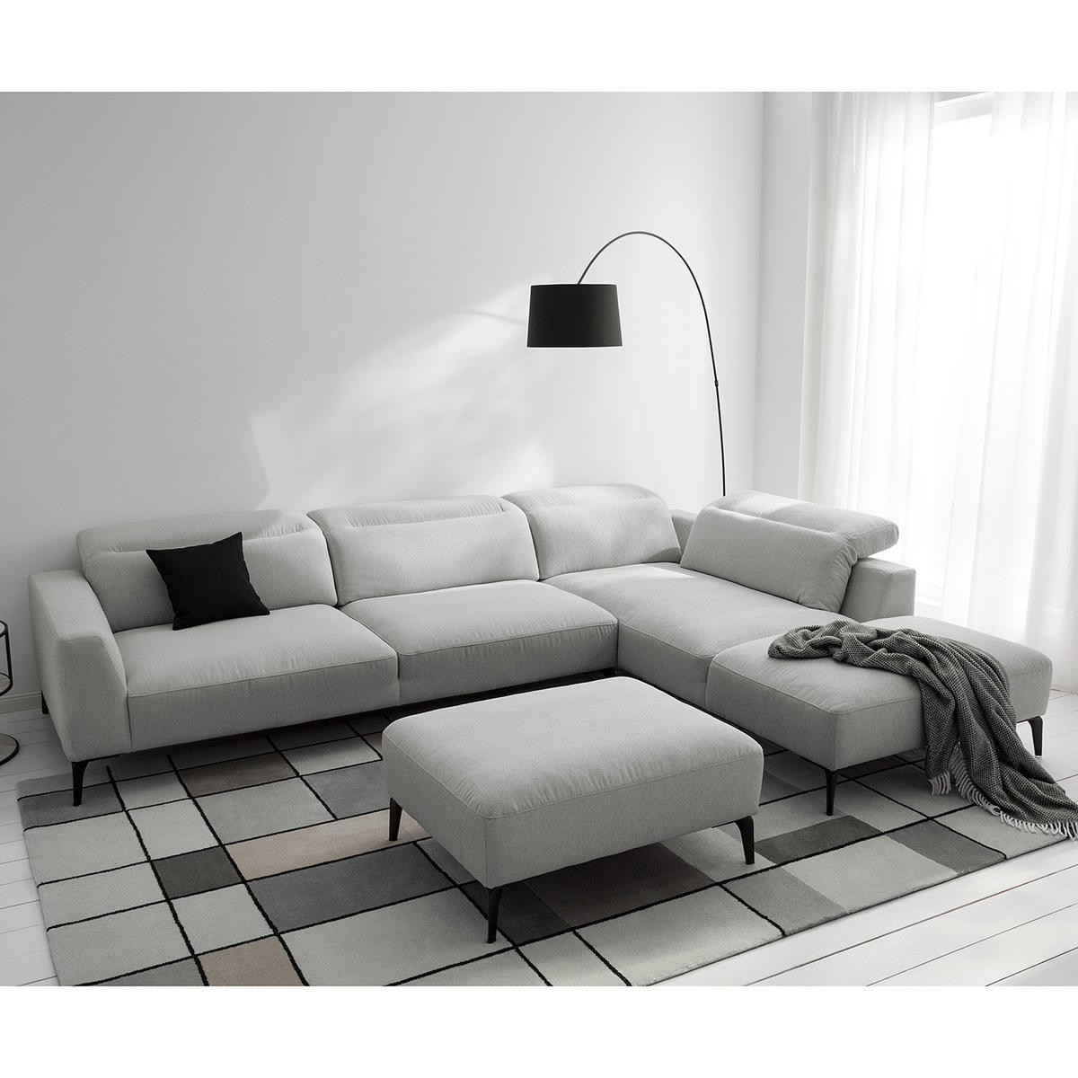 ECKSOFA mit Ottomane - Hellgrau/Schwarz, Textil/Metall (325/238cm) - home24