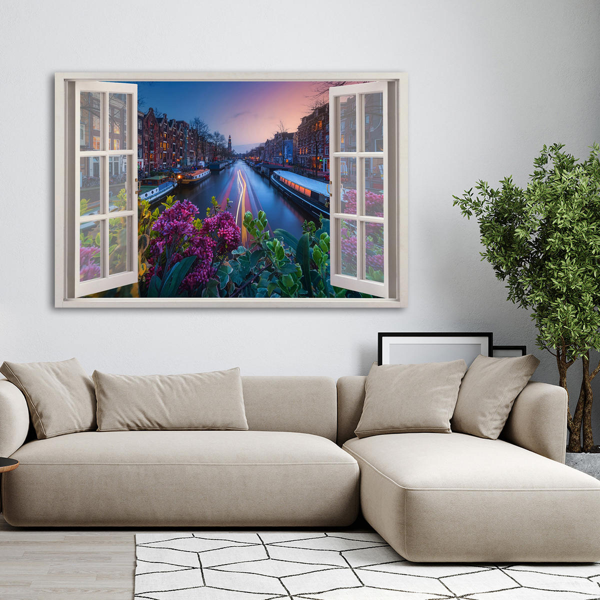 WANDBILD fensterblick stadtbild von amsterdam - Blau, Textil (60/40cm) - Feeby