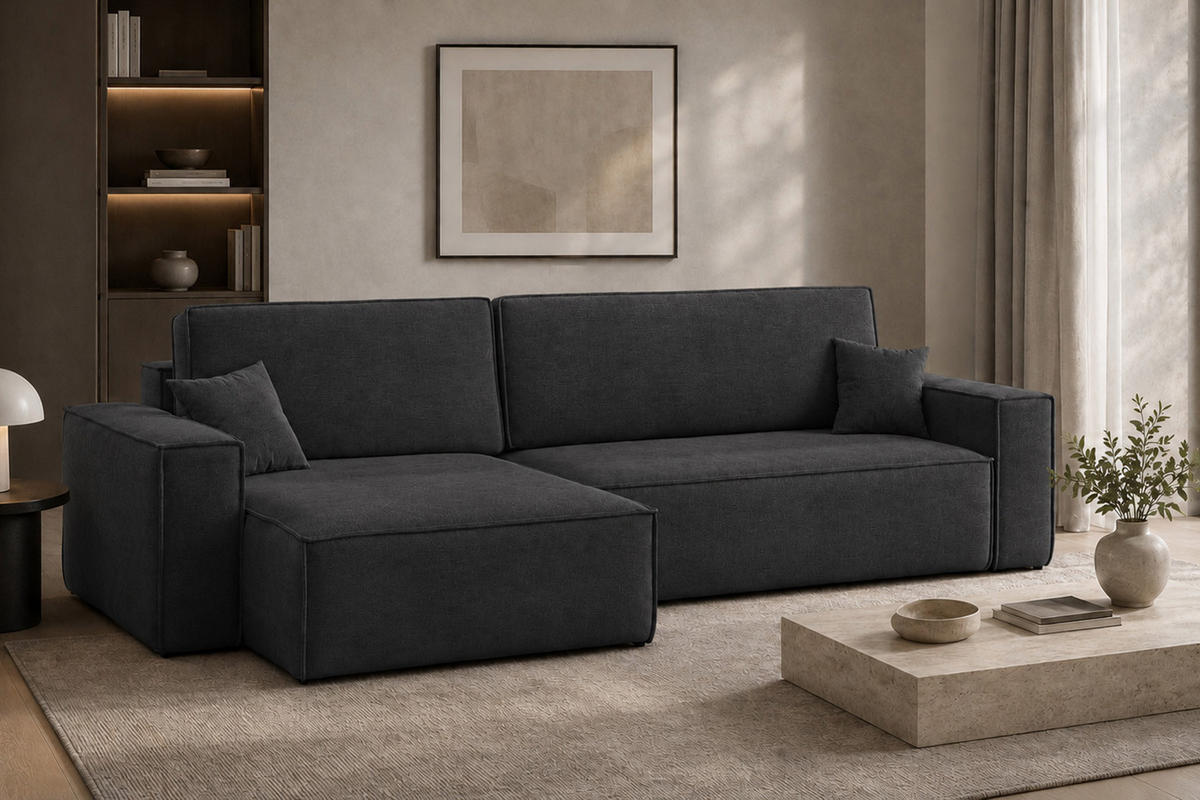 ECKSOFA L-Form Mit Schlaffunktion Und Bettkasten, Veloursstoff Bluvel, Schwarz, Links, BEST XL - Schwarz, Holz (274/142cm) - Kaiser Möbel