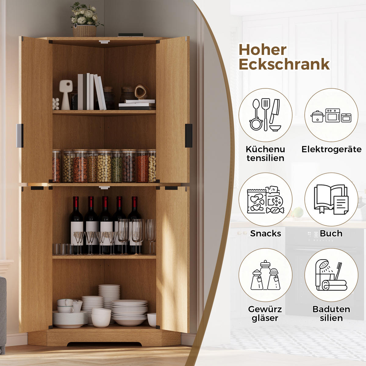 ECKSCHRANK Aufbewahrungsschrank Naturholz-Optik 4 Türen & Böden 172cm - Naturfarben, Holzwerkstoff (60/172/60cm) - Urban Meuble