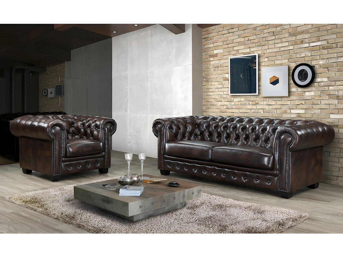 CHESTERFIELD Ledersessel - Büffelleder - Braun - BRENTON - Dunkelbraun, Leder (105/73/96cm) - Vente-Unique