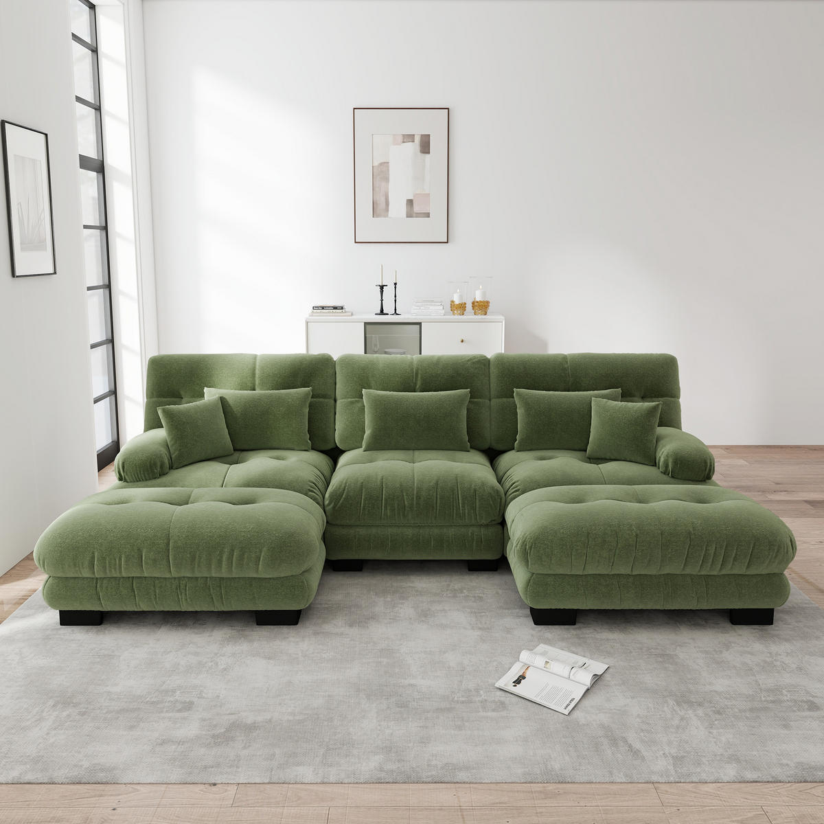 WOHNLANDSCHAFT Chenille Grün mit Ottomane - Grün, Textil (313/81/145cm) - WISHDOR