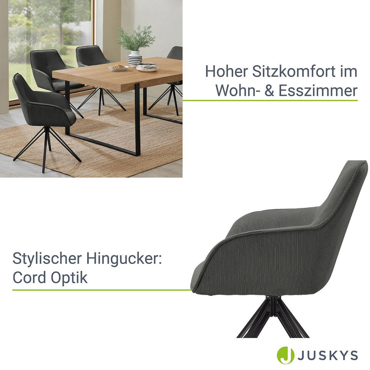 DREHSTUHL Clyde mit Armlehne cord hellgrau (2er-Set) - Hellgrau, Textil (57/85/61cm) - Juskys