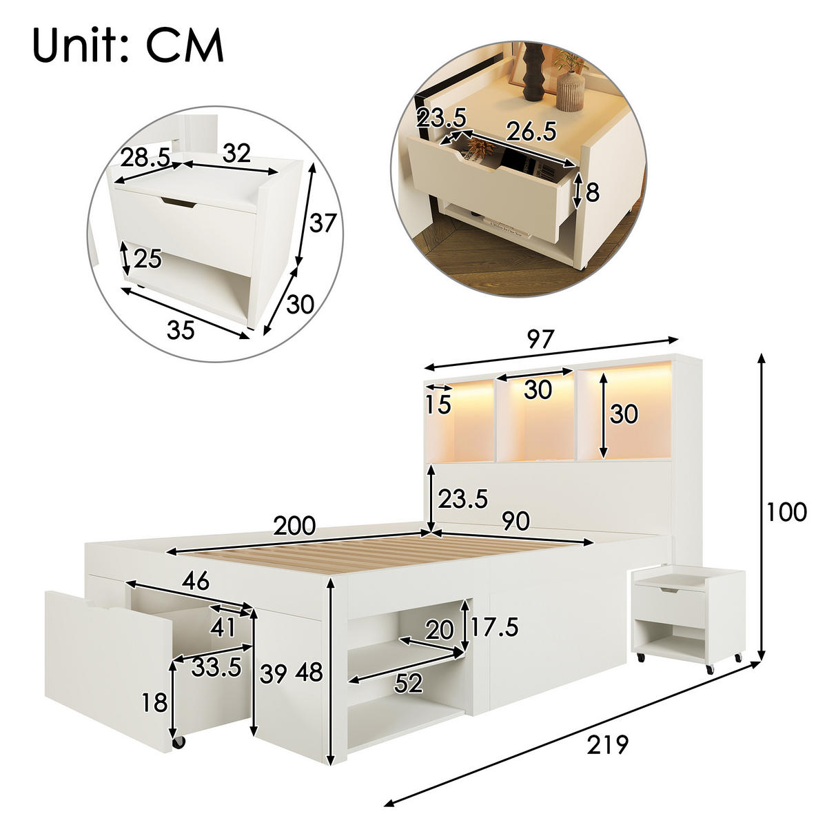 KINDERBETT 90/200 cm DE-00752, in Weiß, Nachttisch - Weiß, Holz (90/200cm) - ComfortXL