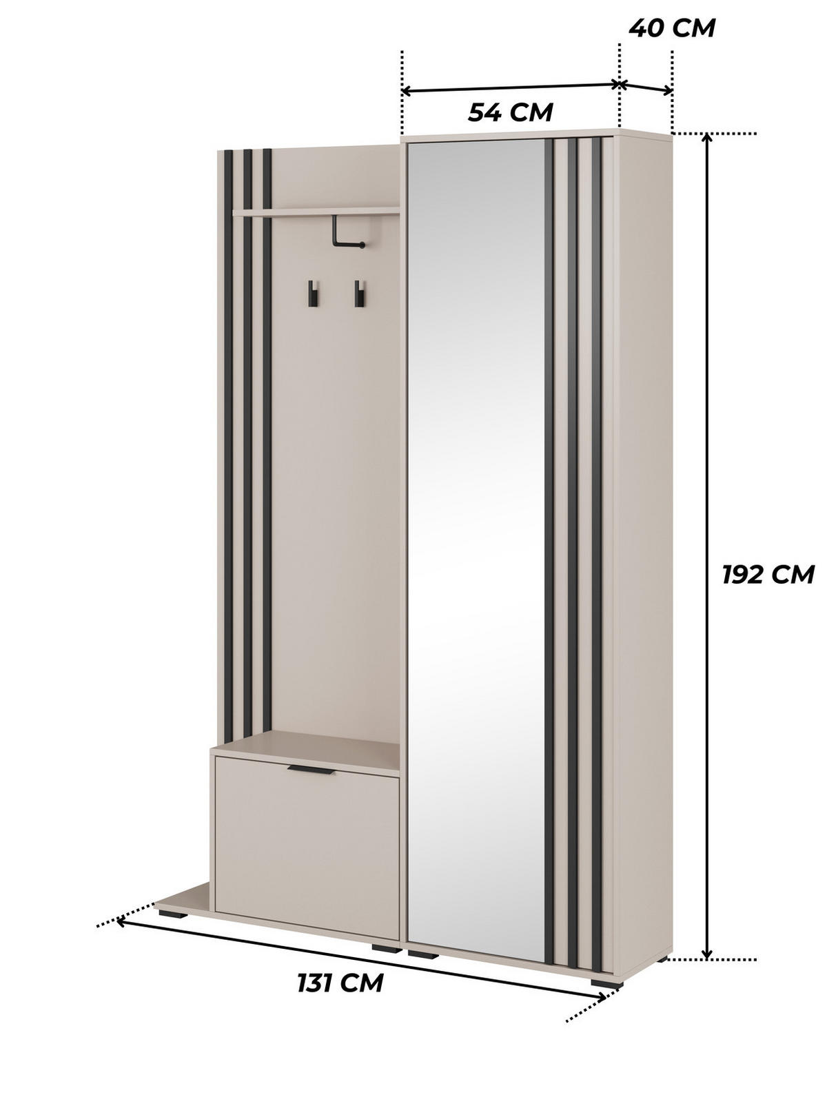 GARDEROBE STILO 131 cm (Kaschmir, Schwarze Lamellen, Spiegel, Metallgriffe) - Kaschmir/Schwarz, Holz/Holzwerkstoff (131/192/40cm) - Ravio