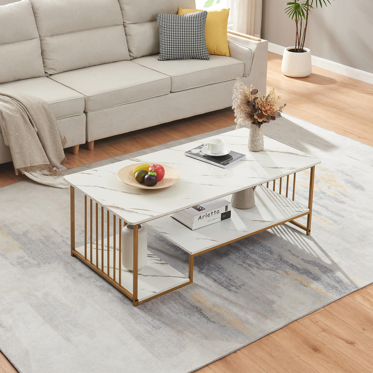 KAVANOVÝ STOLEK Klibro 120/60/42 cm - bílá/zlatá, kov/kompozitní dřevo (60/120/42cm) - [en.casa]