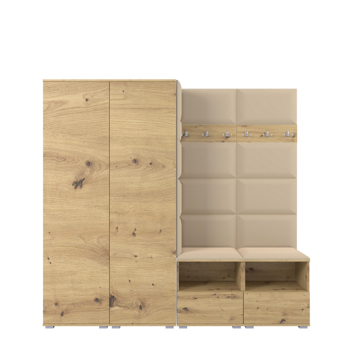 GARDEROBE NELA VI 200 cm (Kompaktgarderobe Artisan Eiche mit Sitzpolster Beige 04 Schrank & Paneel) - Beige/Silberfarben, Holz/Holzwerkstoff (200/187/40cm) - Ravio