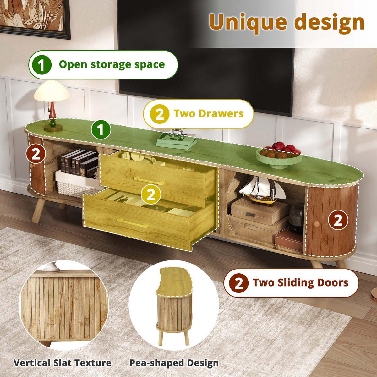 TV-LOWBOARD Erbe Naturfarben 160/36.5/55 cm - Naturfarben, Holzwerkstoff (160/55/36.5cm) - PANGIVO