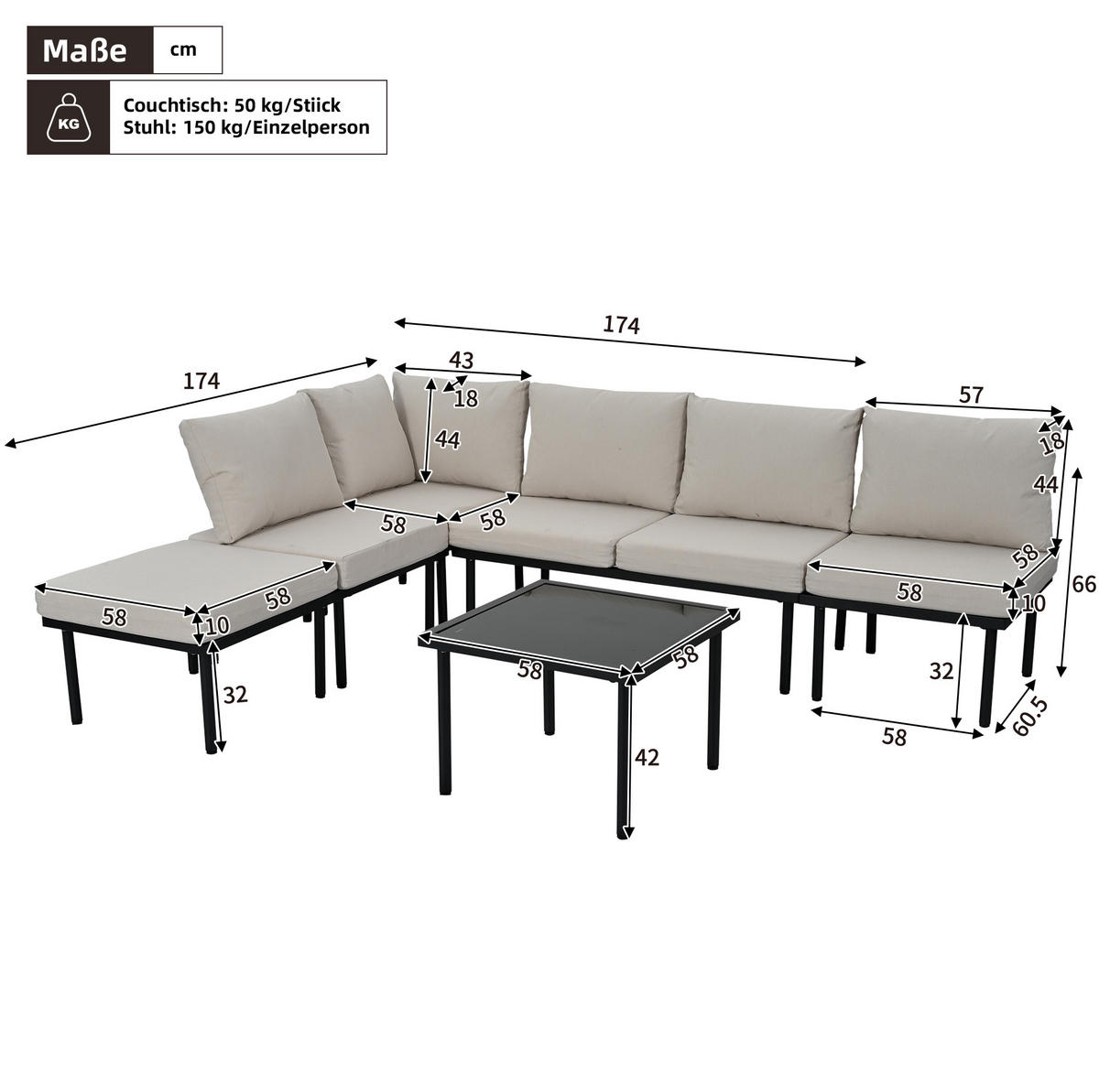 GARTEN-LOUNGESESSEL-SET 6-teilig aus Olefin und verzinktem Stahl mit Glastischplatte und verstellbaren Füßen, Beige - Beige, Metall - Redom