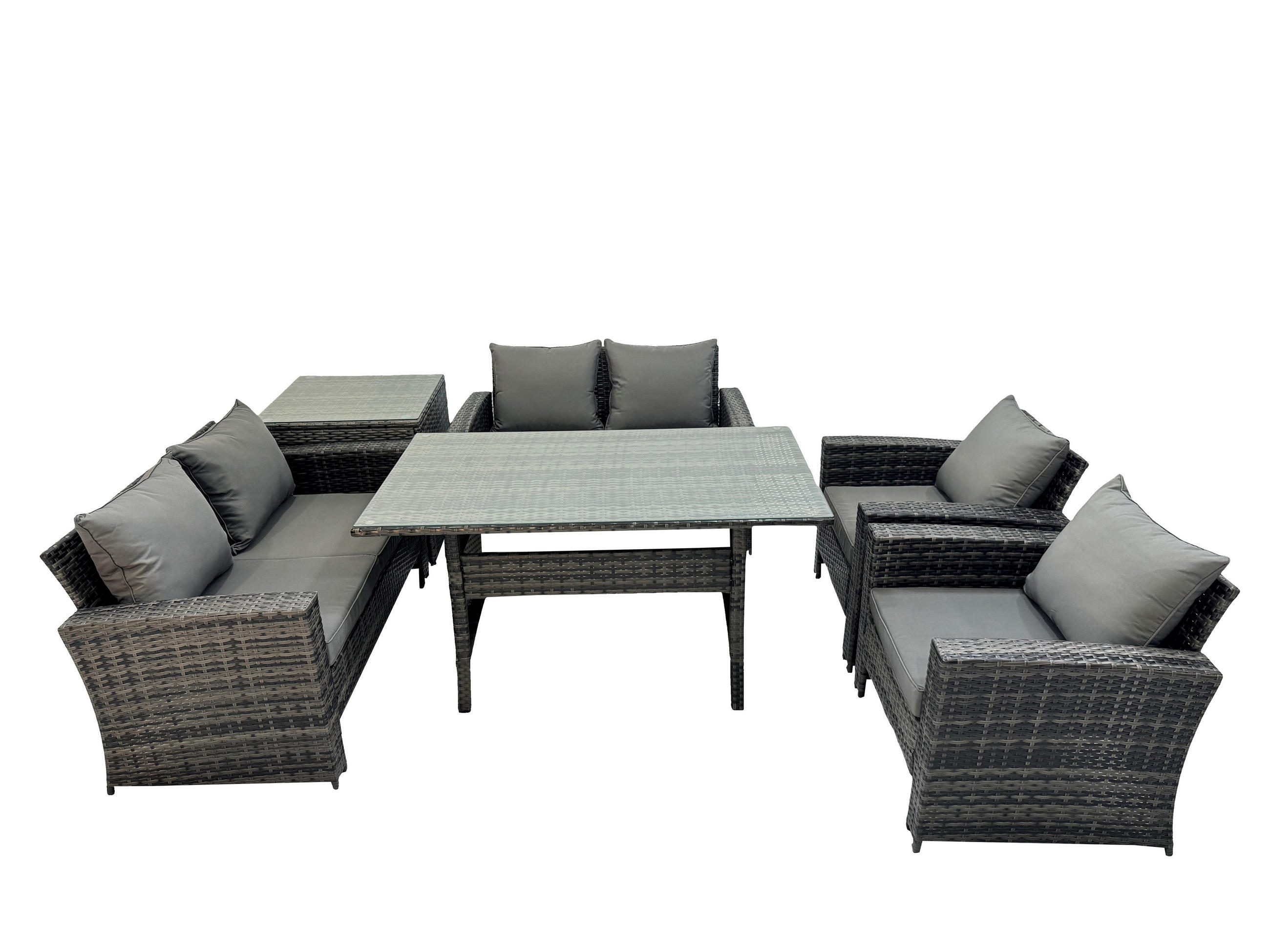 GARTENMÖBELSET mit 2 Sesseln,2 Zweisitzer,Esstisch,Beistelltisch Polyrattan Dunkelgrau 6-Sitzer - Dunkelgrau/Grau, Glas/Kunststoff - Fimous