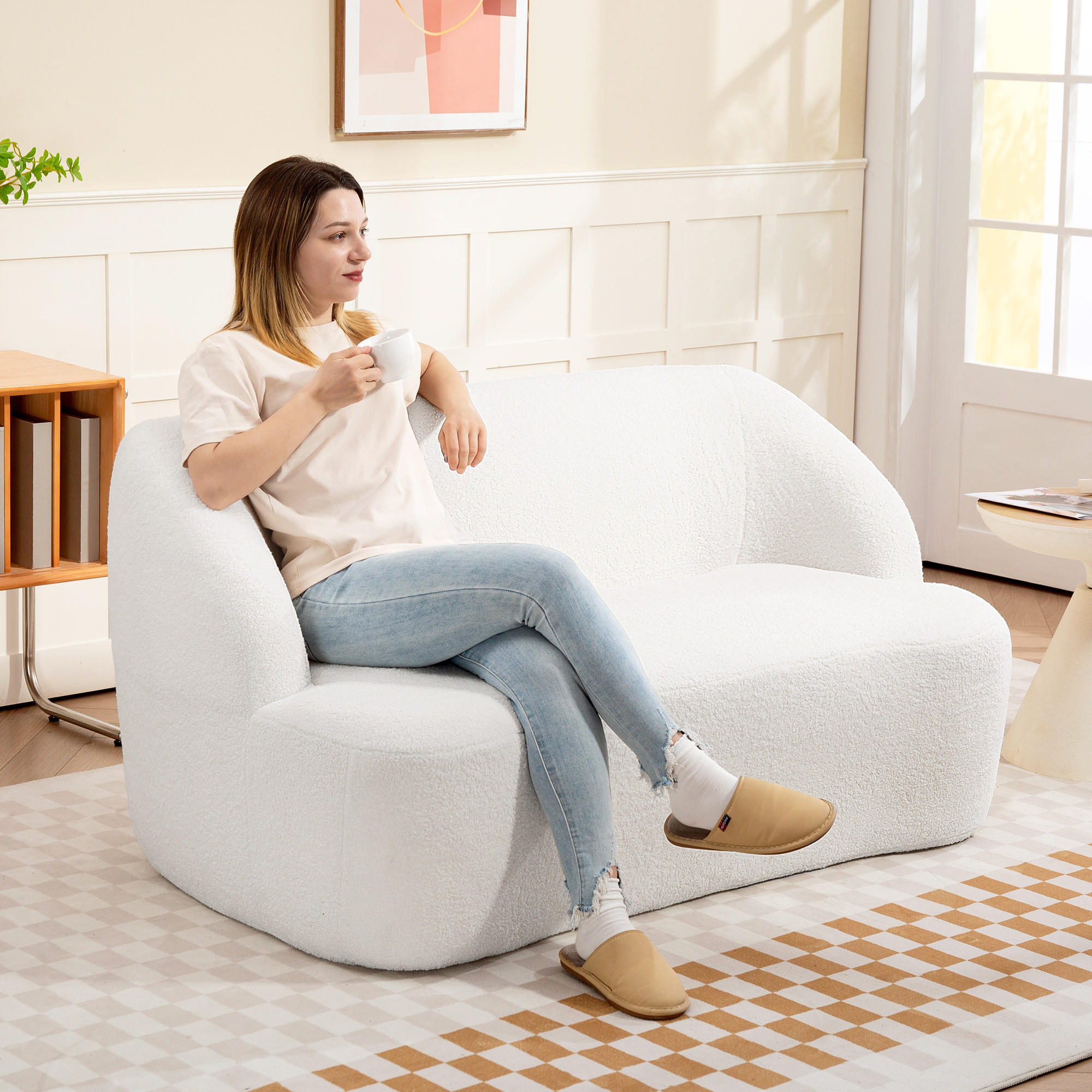 SOFA 2-Sitzer 142 cm Couch Polstersofa mit Armlehne, geschwungenem Design Creme - Weiß, Kunststoff (85/73.5/142cm) - HOMCOM