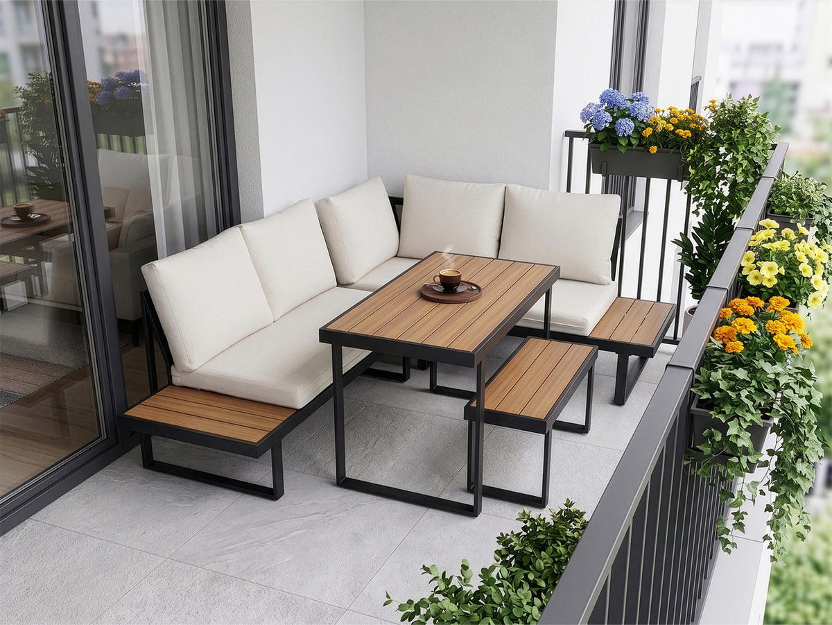 GARTENMÖBEL-SET mit 2 Zweisitzern. 1 Esstisch und 1 Bank. schwarz. beige und dunkle Eiche - Beige/Schwarz, Metall - Home Collective