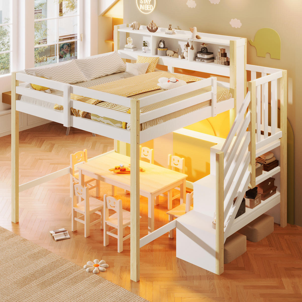HOCHBETT 140/200 cm DE-33119 mit LED und Stauraumtreppe Weiß/Natur - Naturfarben, Holzwerkstoff (140/200cm) - ComfortXL
