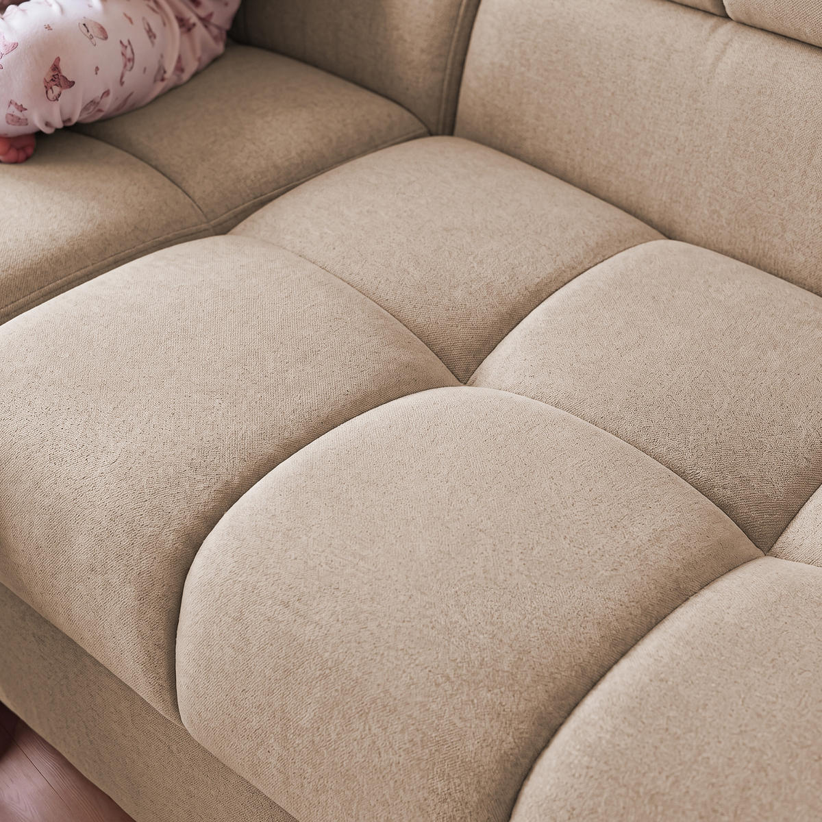ECKSOFA PUDDING L Rechts mit Schlaffunktion 125x195 Velours Beige - Beige/Schwarz, Holz/Textil (275/203cm) - Muffo