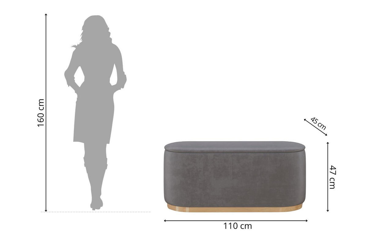 POUF Scarlett mit Stauraum, goldene Basis, 110/47/45 cm, Hellgrau - Goldfarben/Hellgrau, Holzwerkstoff/Textil (110/47/45cm) - Dancan