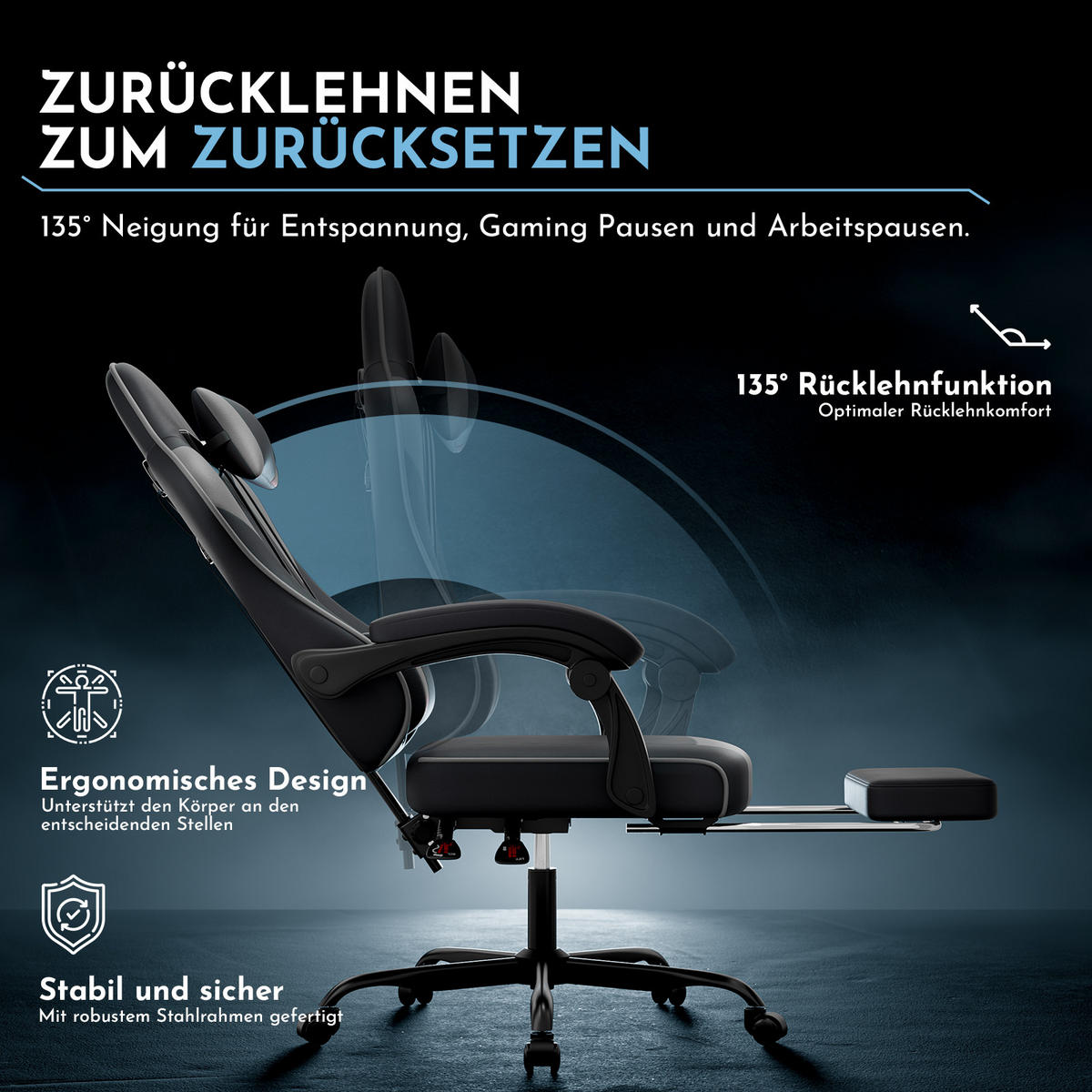 GAMINGSTUHL DE-40998 mit Lordosenstütze und Fußstütze Schwarz/Grau - Grau, Metall (58.5/120.5/63cm) - ComfortXL