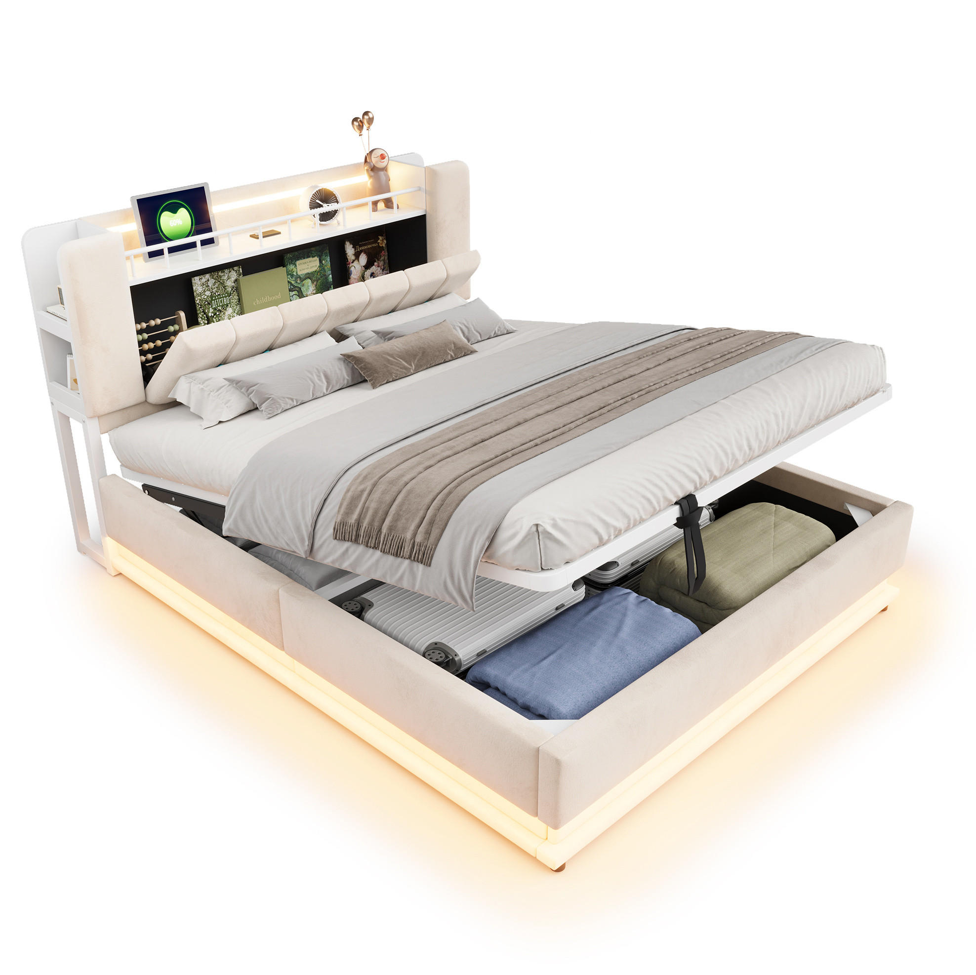 POLSTERBETT 160/200 cm Beige mit LED-Beleuchtung, USB und Stauraum - Beige, Textil (160/200cm) - Flora Grace