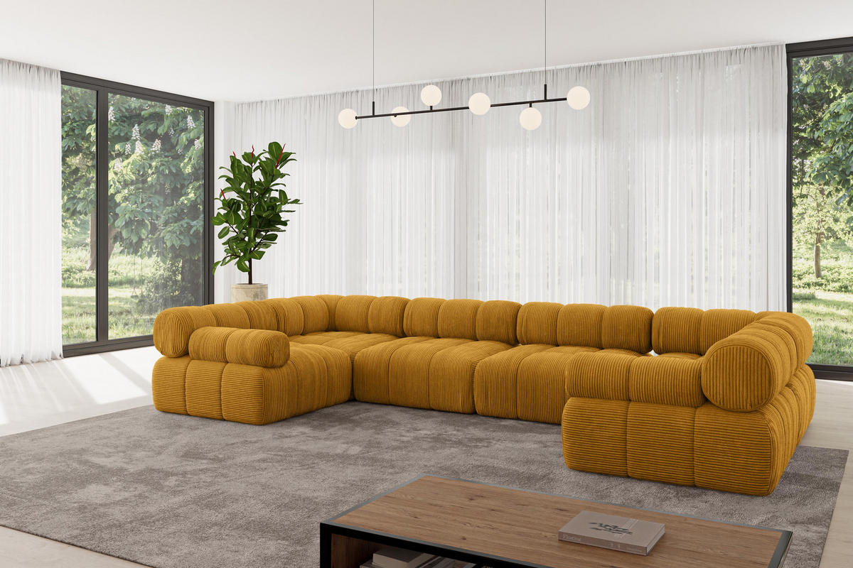 WOHNLANDSCHAFT modulares Sofa Birno-U2 - 380x190x70 cm Senfgelb Cord - Currygelb, Holzwerkstoff/Textil (380/70/190cm) - ALTDECOR
