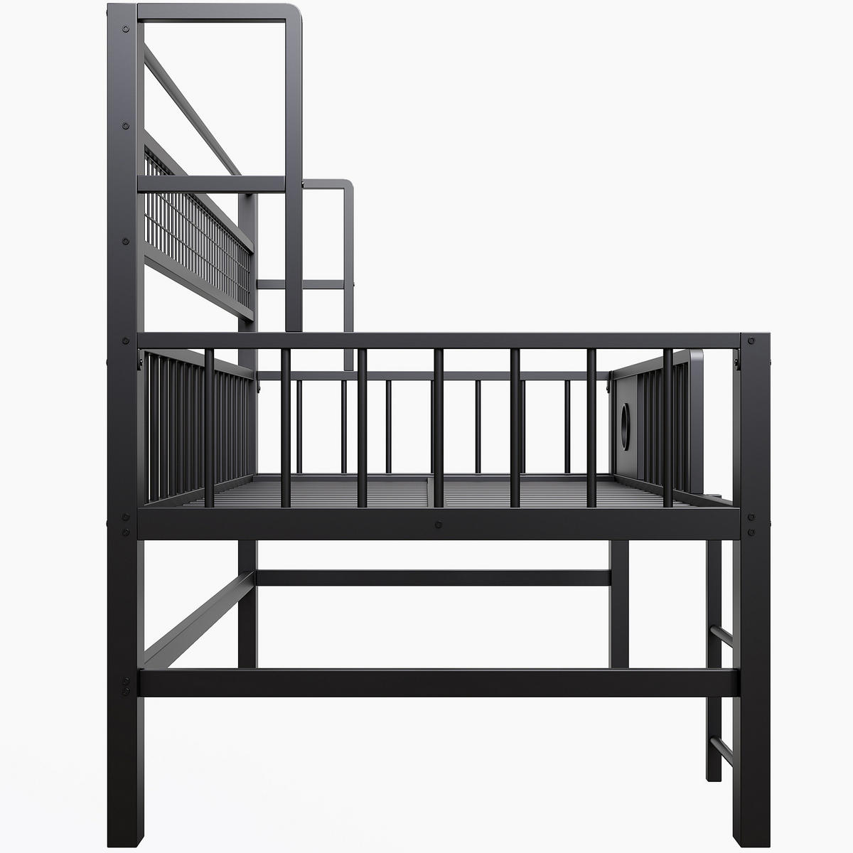 KINDEREINZELBETTEN aus Metall 90x200 cm in Schwarz mit Sicherheitsgitter & Stauraum - Schwarz, Metall (90/200cm) - Modfu
