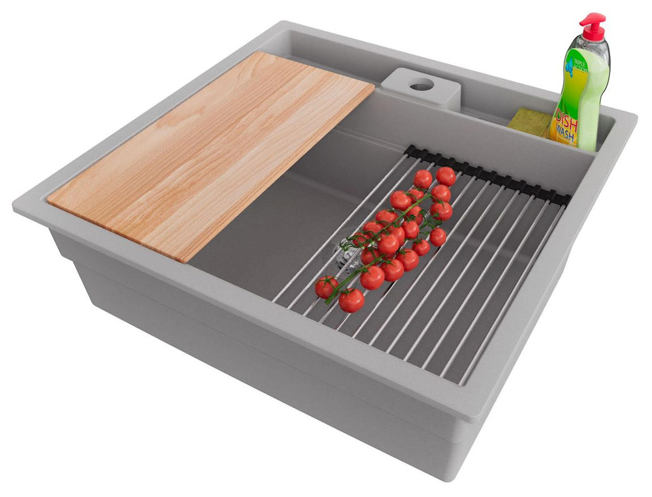 SPÜLBECKEN Bergen Pocket, 2-er set Grau 56/54 cm 1 Becken + Ablauf-Set + Küchenzubehörset ab 60er Unterschrank - Chromfarben/Beige, Kunststoff (56/20/54cm) - Primagran