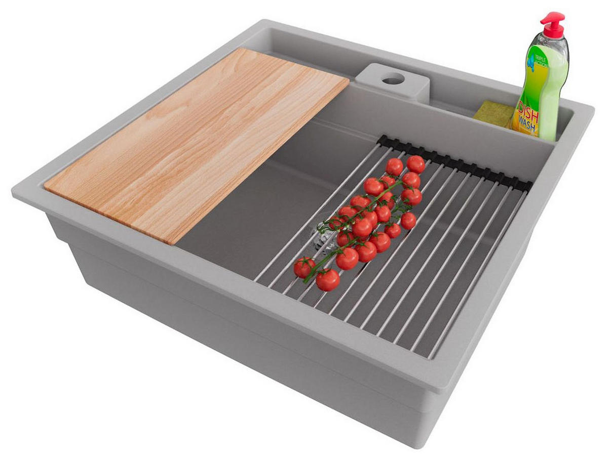 SPÜLBECKEN Bergen Pocket, 2-er set Grau 56/54 cm 1 Becken + Ablauf-Set + Küchenzubehörset ab 60er Unterschrank - Chromfarben/Beige, Kunststoff (56/20/54cm) - Primagran