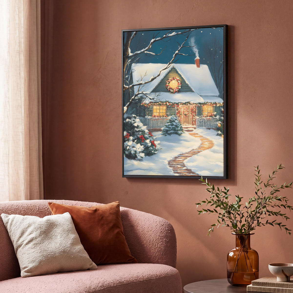 LEINWAND Bilder mit Rahmen - Weihnachten - Weihnachtsbaum - Winter - Zuhause - Schnee - 70x100 - Smaragdgrün, Textil (70/100cm) - MuchoWow