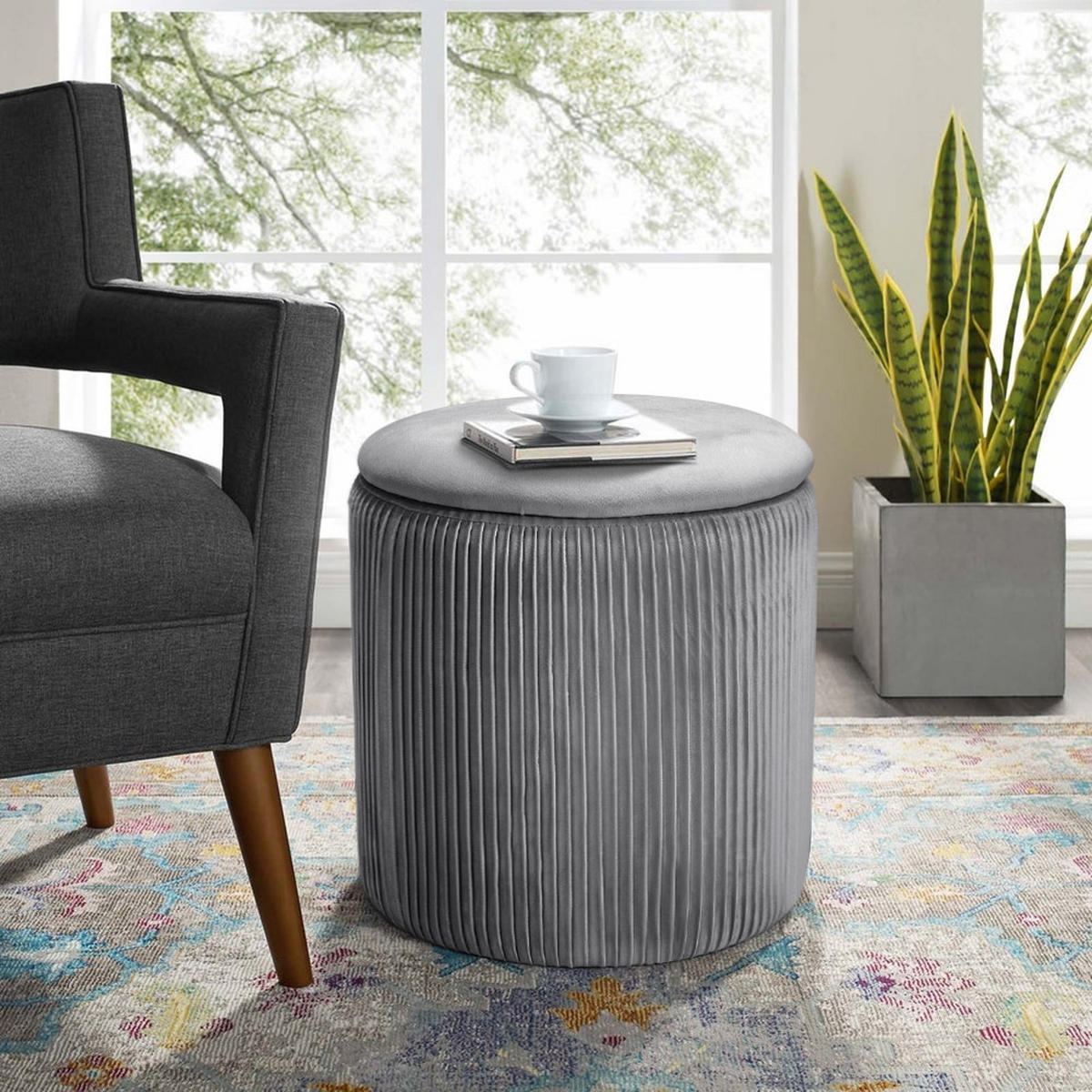 POLSTERHOCKER 38/38/38 cm Zylinder Stauraum Zierfalten Flanell Grau - Grau, Holzwerkstoff/Textil (38/38/38cm) - Livingandhome