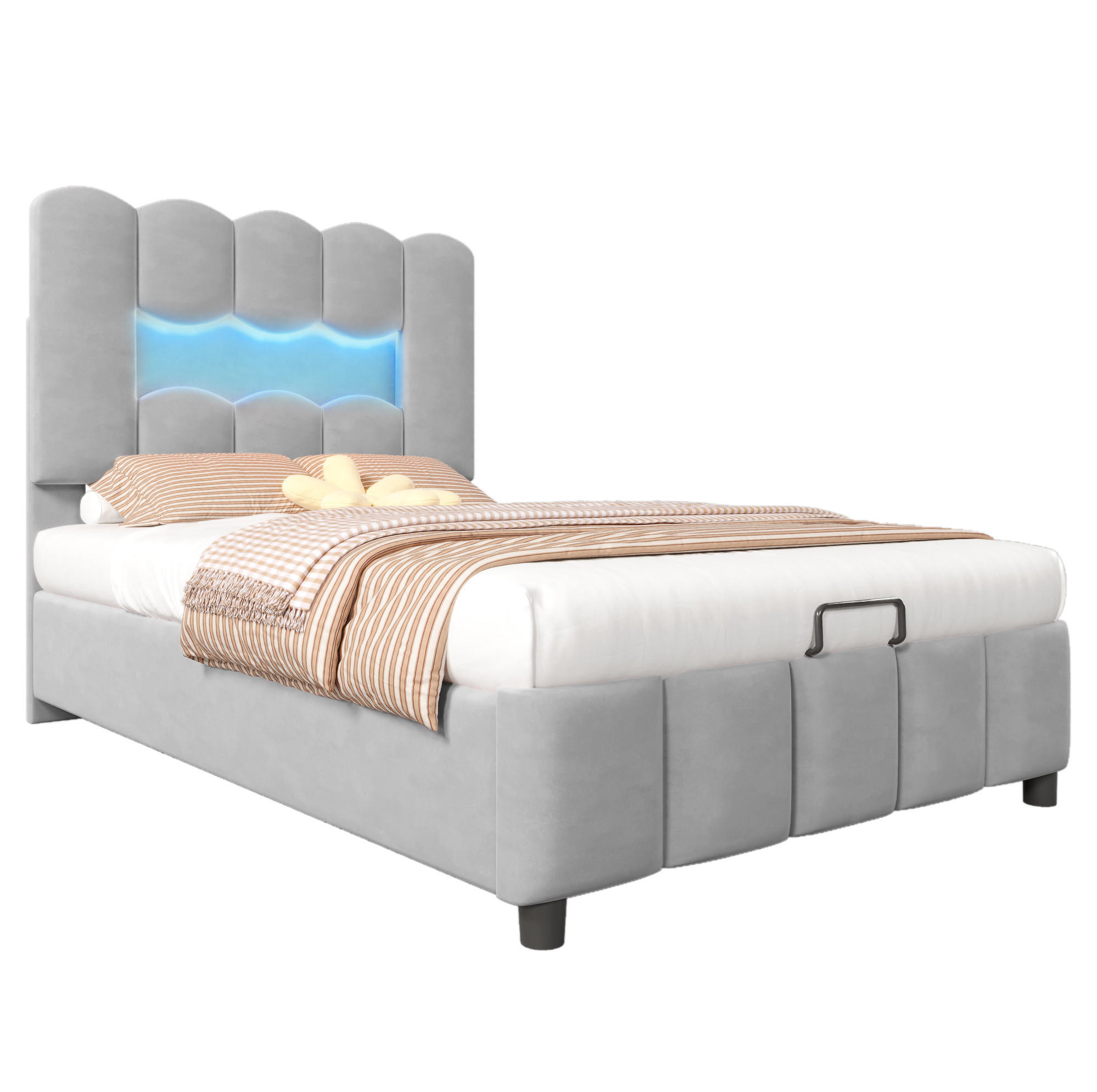 POLSTERBETT aus Samt 90x200 cm Grau mit LED-Beleuchtung, verstellbarem Kopfteil und hydraulischem Bettkasten - Grau, Textil (90/200cm) - Modfu