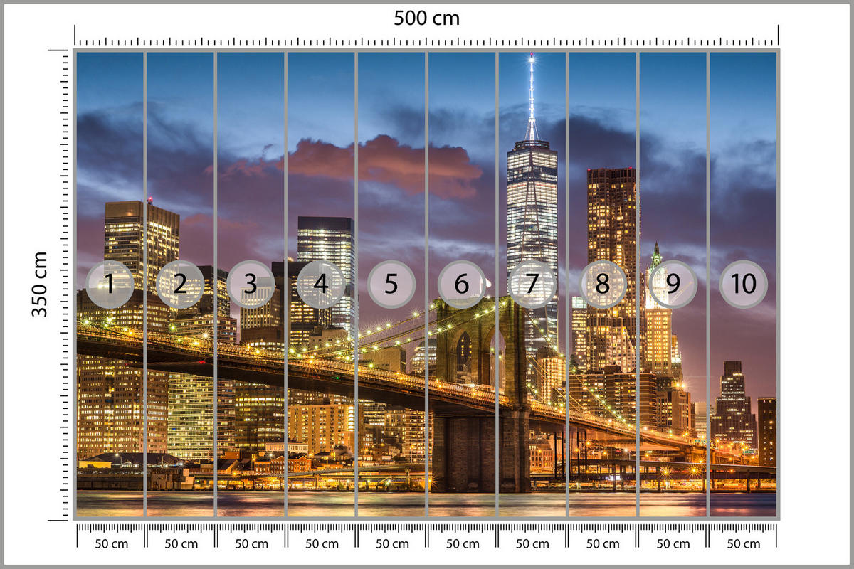 FOTOTAPETE für Wohnzimmer New York Nacht Brooklyn Bridge Wolkenkratzer 500x350 - Blau/Gelb, Papier (500/350cm) - Muralo