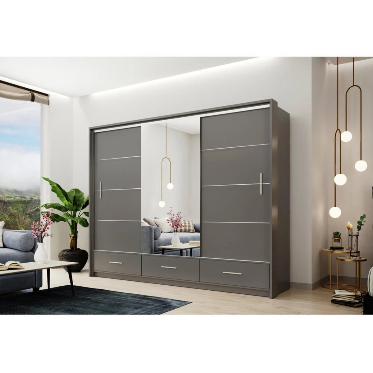 SCHWEBETÜRENSCHRANK Marsylia mit Spiegel und Schubladen, graphitfarben, 255 cm - Graphitfarben, Holzwerkstoff (255/225/61cm) - Beautysofa