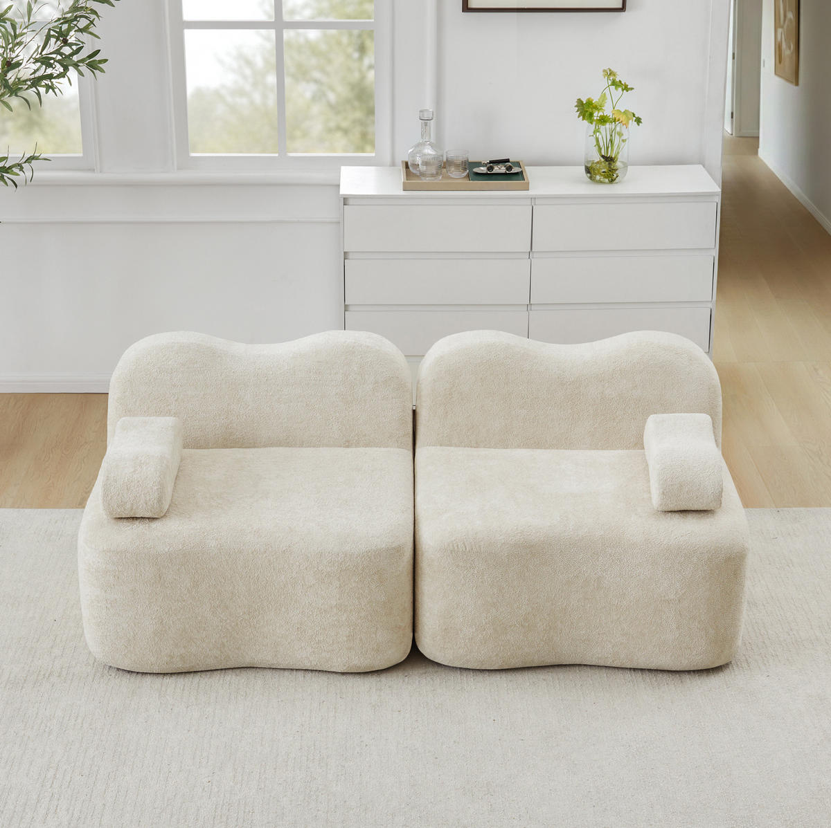 MODULARES 2-Sitzer-Sofa mit Wellenform, tiefer Sitzfläche und beweglichem Armlehnenkissen, Samt, Beige - Beige, Textil (192/70/98cm) - Redom