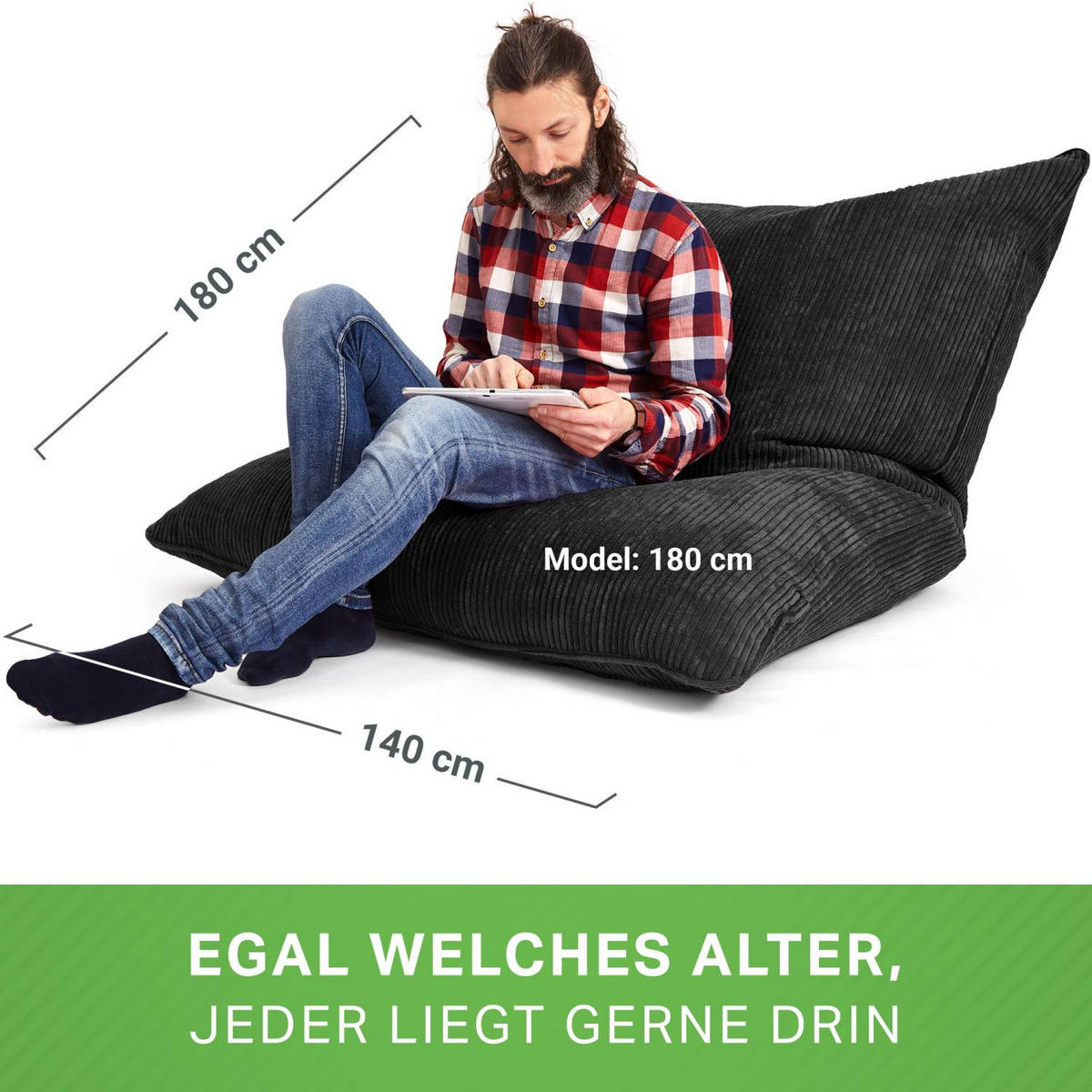 SITZSACK XXL "Square" aus Cord – 370 L - Schwarz, Textil (140/25/180cm) - Green Bean