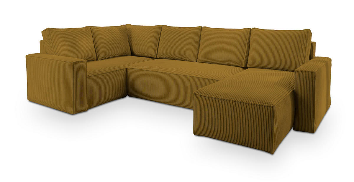WOHNLANDSCHAFT NORENA L-S Gelb Kordstoff mit Schlaffunktion - Gelb, Holz (295/85/157.5cm) - MASSENO