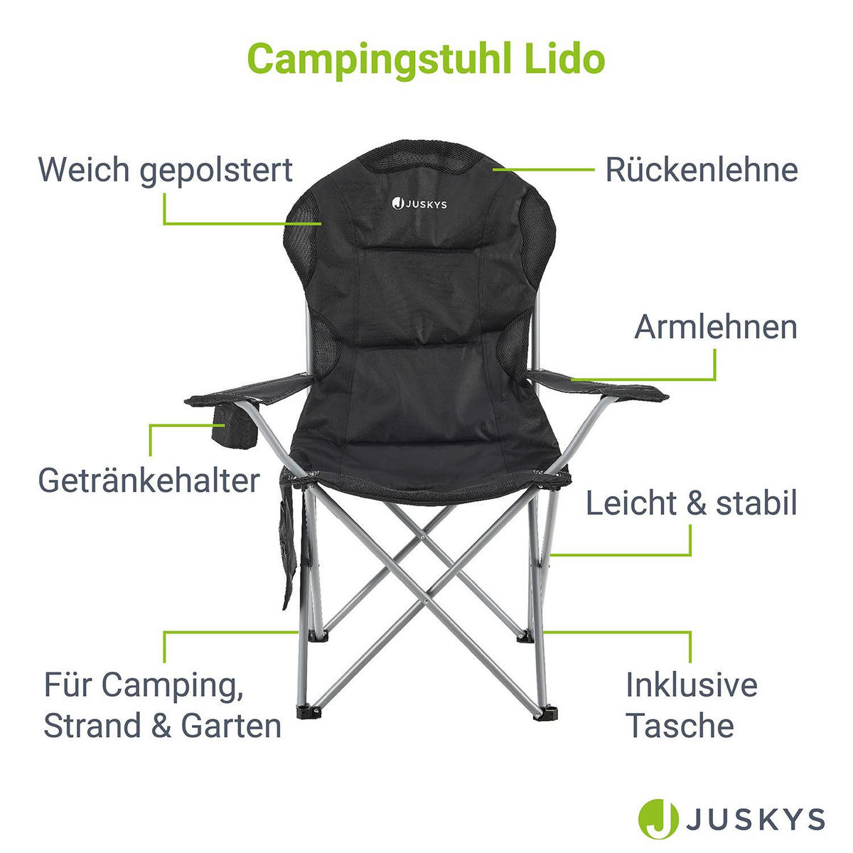 CAMPINGSTUHL Lido schwarz mit Flaschenhalterung & Tragetasche - Schwarz, Textil (62/102/62cm) - Juskys