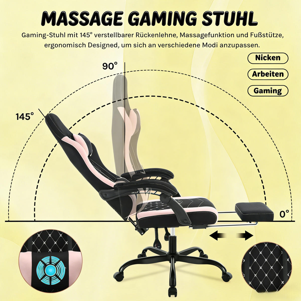 BÜROSTUHL mit Massagefunktion höhenverstellbar Mesh-Stoff Metall Black/Pink - Schwarz, Metall (70/127/70cm) - Meubliv