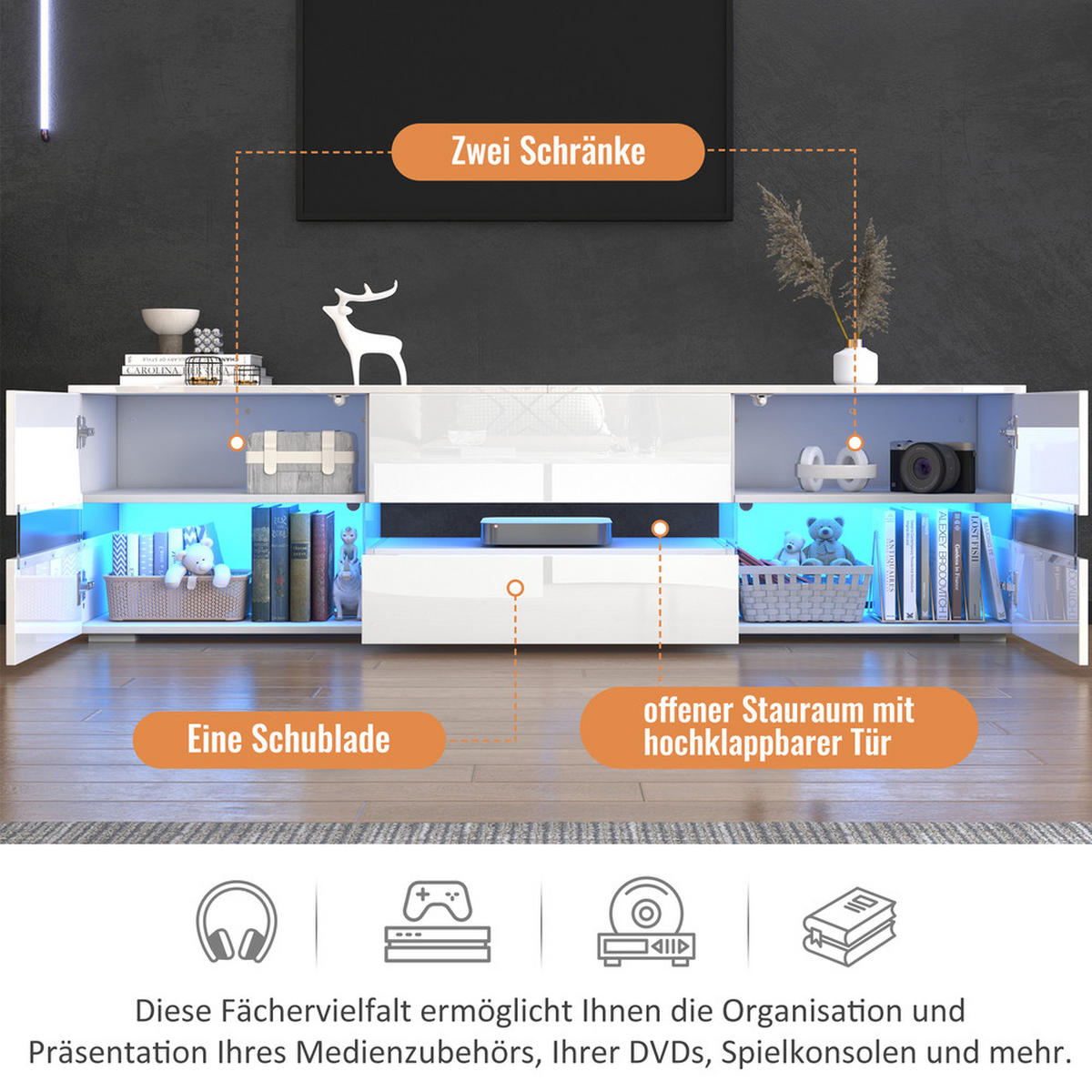 TV-SCHRANK 160x39cm Hochglanzweiß LED 2 Türen 1 Schublade bis 70 Zoll - Weiß, Holz (49/19/92cm) - FLIEKS