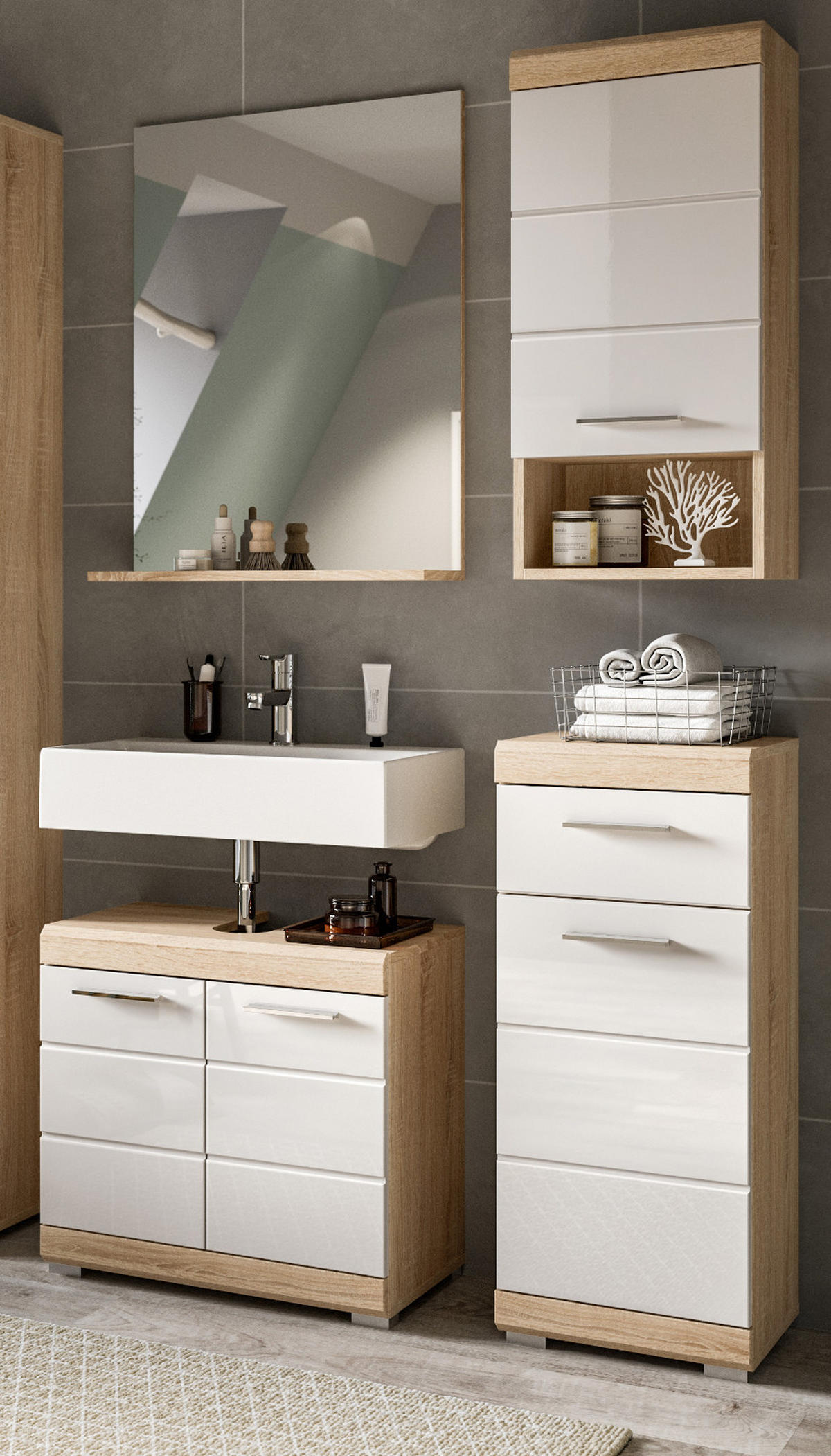BADMÖBEL-SET weiß Hochglanz, Eiche 4-teilig 112 cm, Kombination mit viel Stauraum - Weiß Hochglanz/Eichefarben, Holzwerkstoff (112/191/34cm) - Inn.Furn