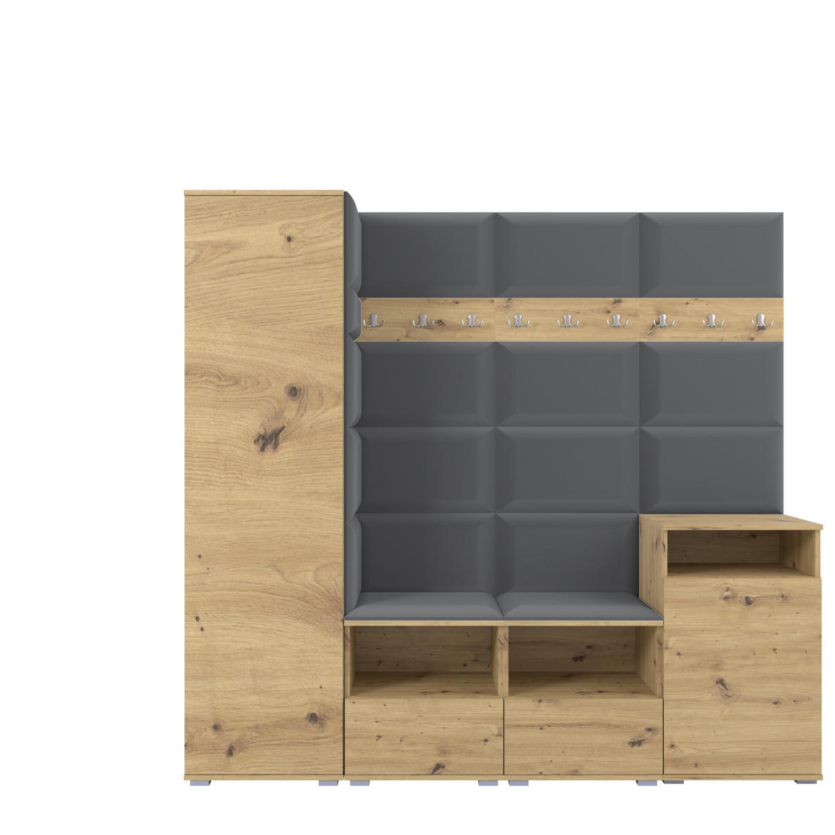 GARDEROBE NELA X 200 cm (Modulare Flurmöbel Artisan Eiche mit Sitzpolster Dunkelgrau 15 Schrank + Sidelboard) - Dunkelgrau/Silberfarben, Holz/Holzwerkstoff (200/187/40cm) - Ravio