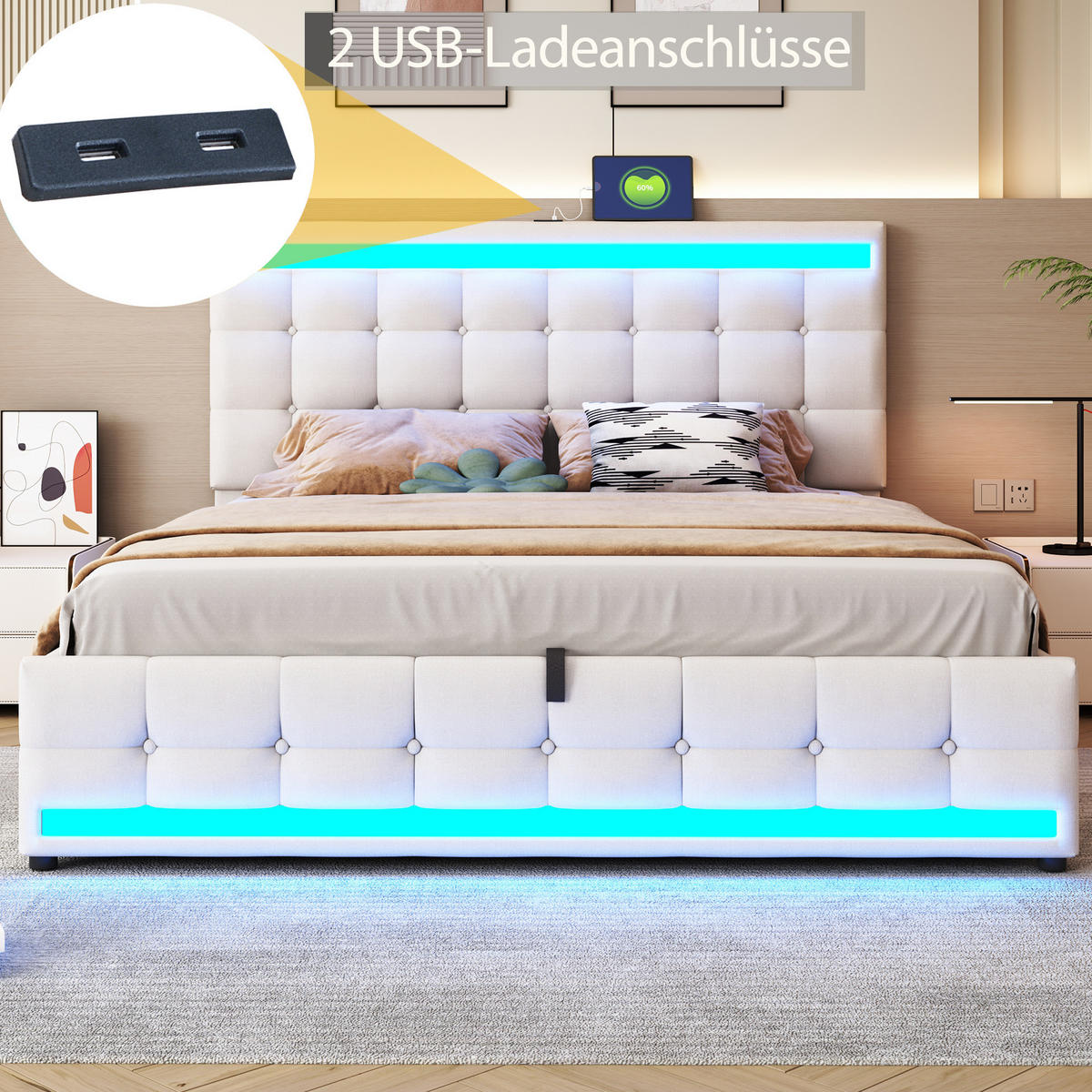 POLSTERBETT 180/200 cm Beige mit LED-Beleuchtung und USB-Anschlüssen - Beige, Textil (180/200cm) - OKWISH