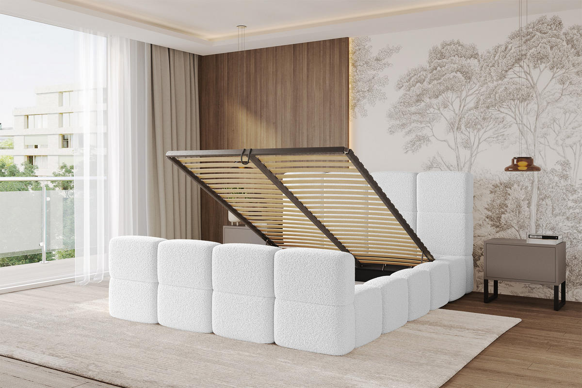 POLSTERBETT mit Bettkasten und Lattenrost mit Matratze H3/H4, Kopfteil, Boxbett, mit Stauraum - NATA-Z 160x200 Weiß - Weiß, Holzwerkstoff/Textil (160/200cm) - ALTDECOR