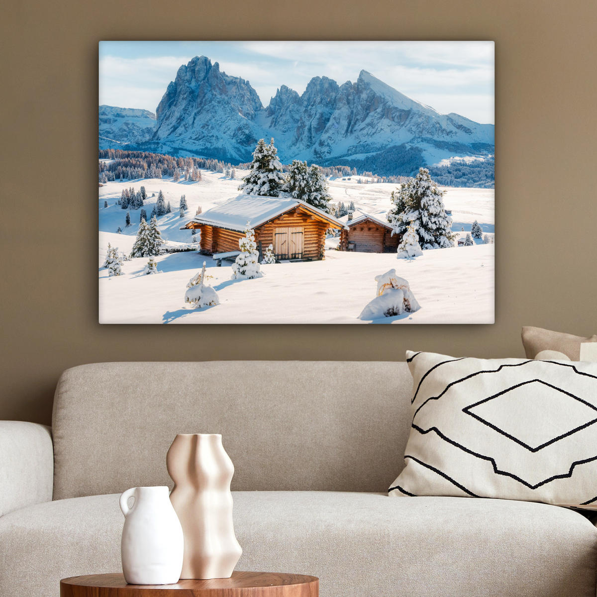 LEINWANDBILD Winter - Hütte - Berge - Aussicht - Schnee Wandbilder 80x60 cm - Eichefarben, Textil (80/60cm) - MuchoWow